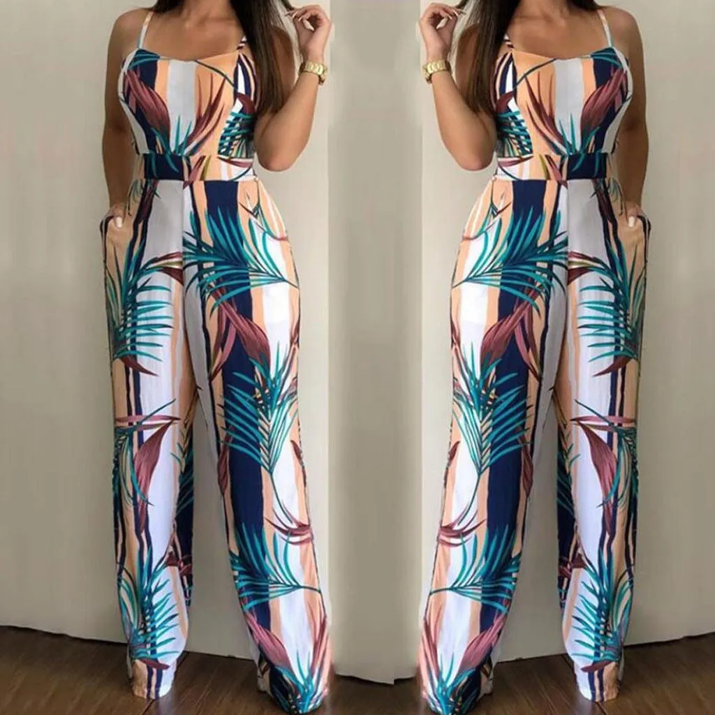 Floral Print Women Jumpsuit Elegant Off Shoulder Spaghetti Strap Long