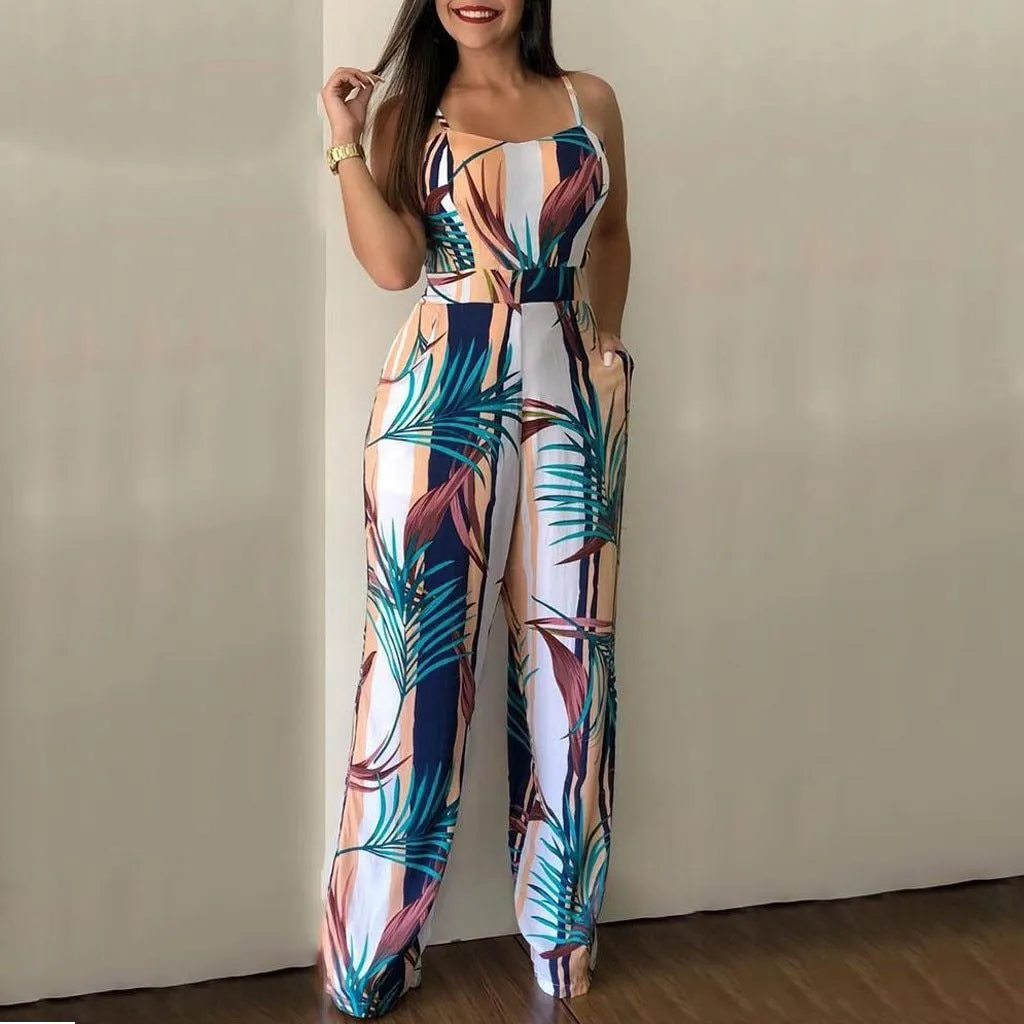Floral Print Women Jumpsuit Elegant Off Shoulder Spaghetti Strap Long