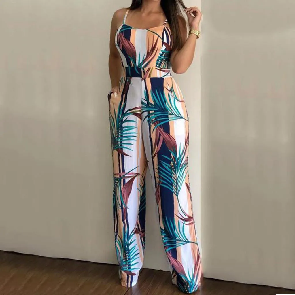 Floral Print Women Jumpsuit Elegant Off Shoulder Spaghetti Strap Long