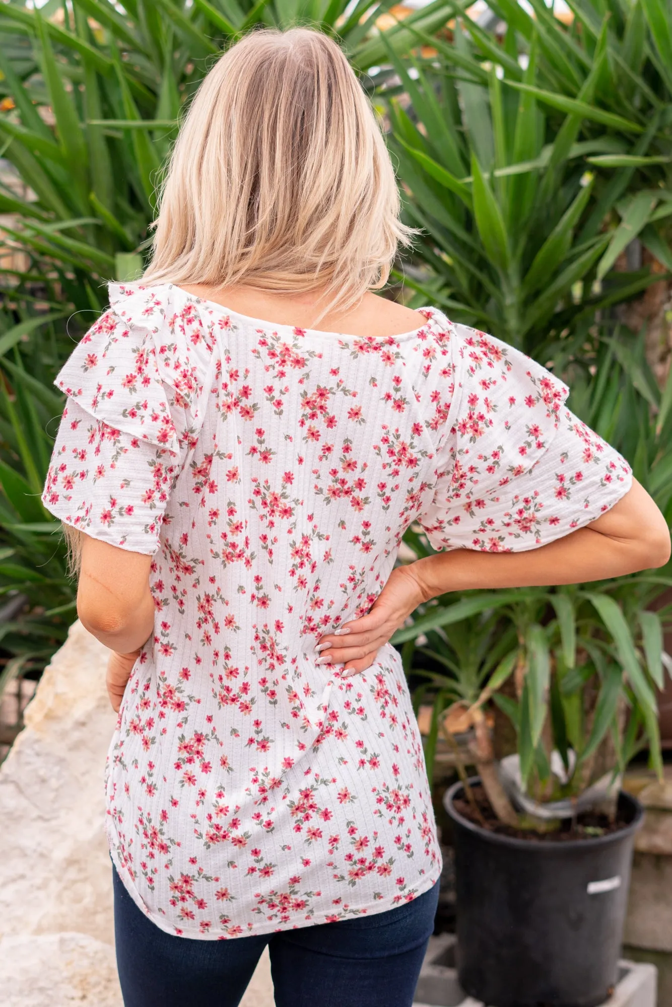 Floral Printed Pointelle with Ruffled Sleeve Top - Ivory