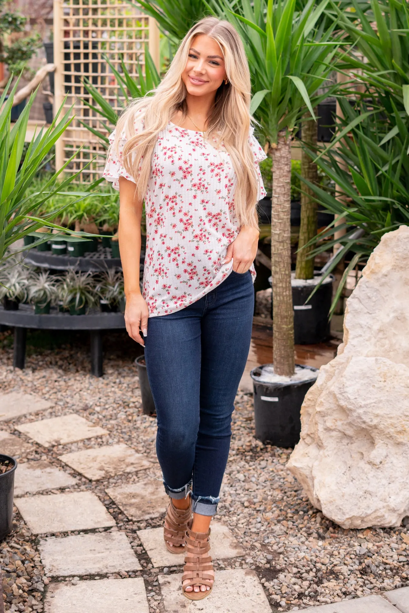 Floral Printed Pointelle with Ruffled Sleeve Top - Ivory