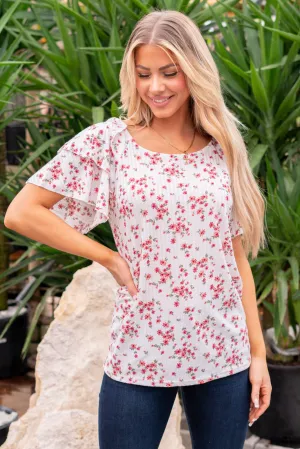 Floral Printed Pointelle with Ruffled Sleeve Top - Ivory
