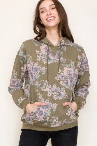 Floral Printed Terry Hoodie