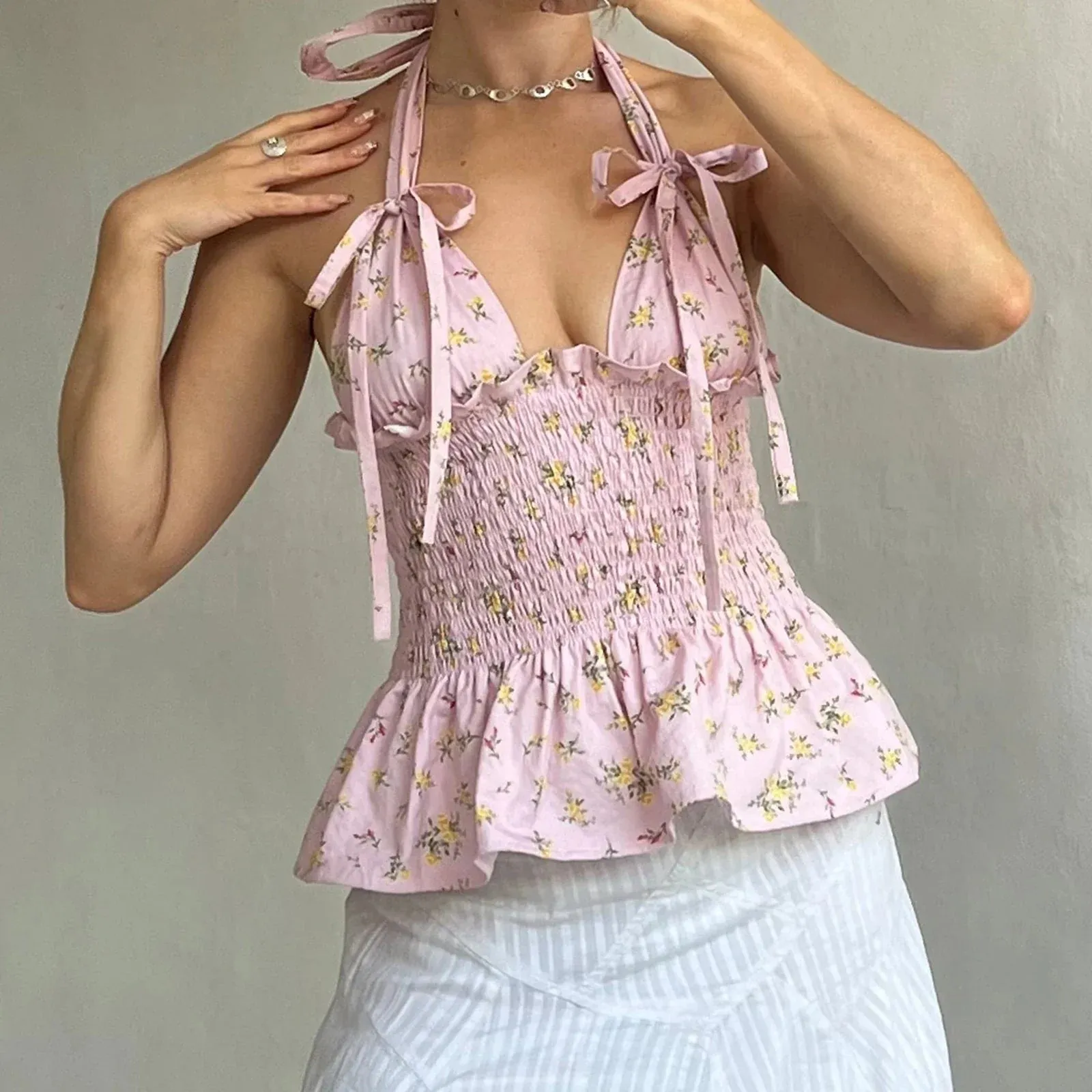 Floral Print/Swiss Dot Tie-Up Halter Backless Tops