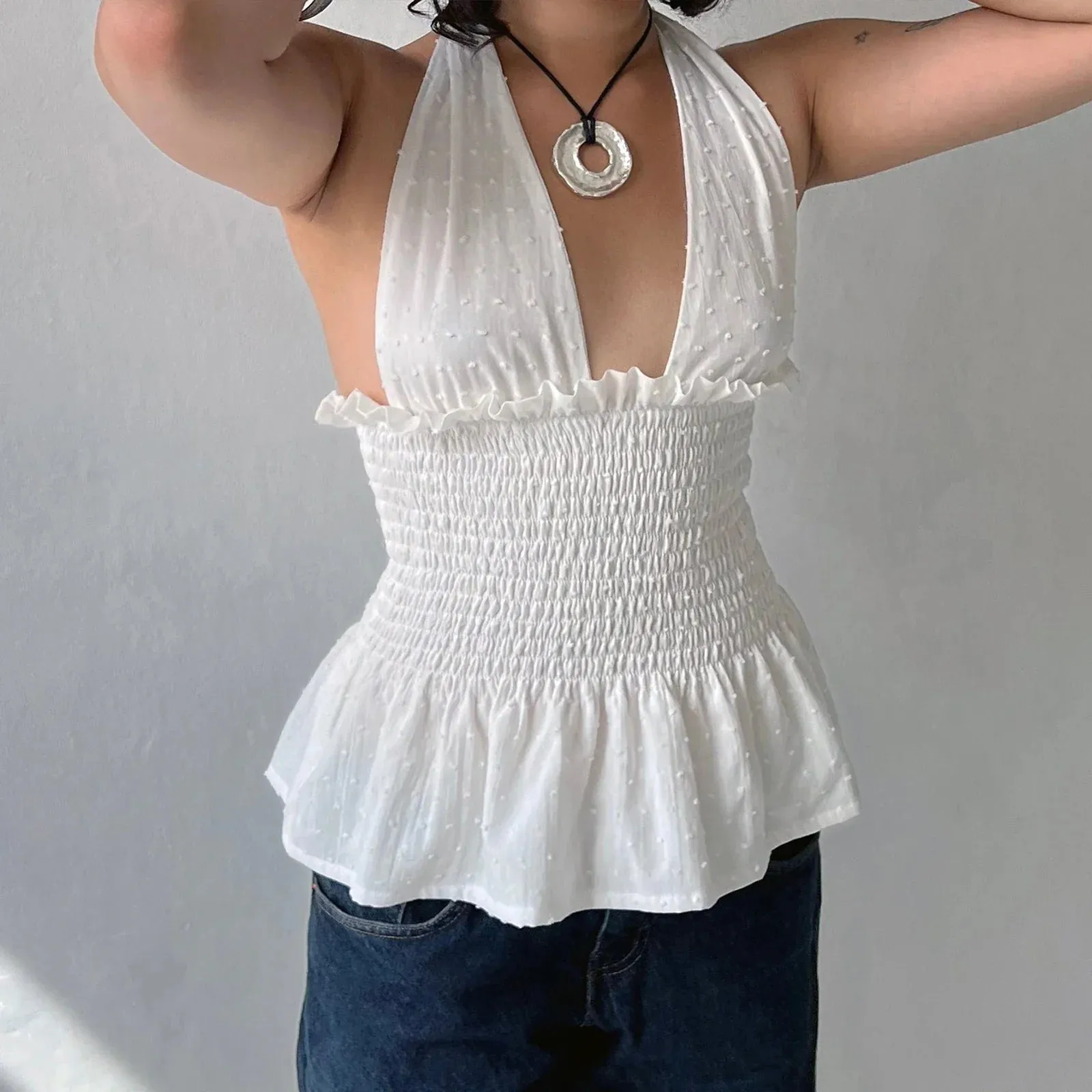 Floral Print/Swiss Dot Tie-Up Halter Backless Tops