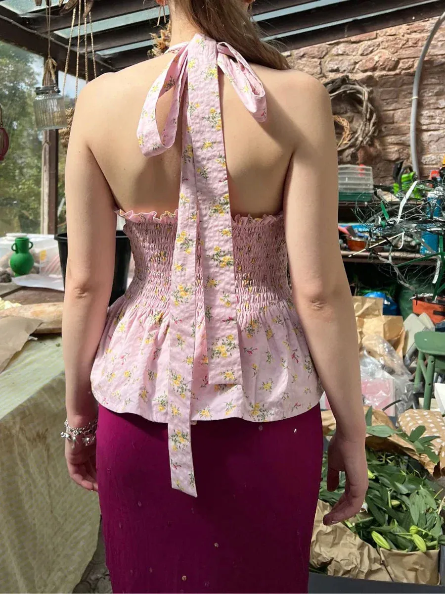 Floral Print/Swiss Dot Tie-Up Halter Backless Tops