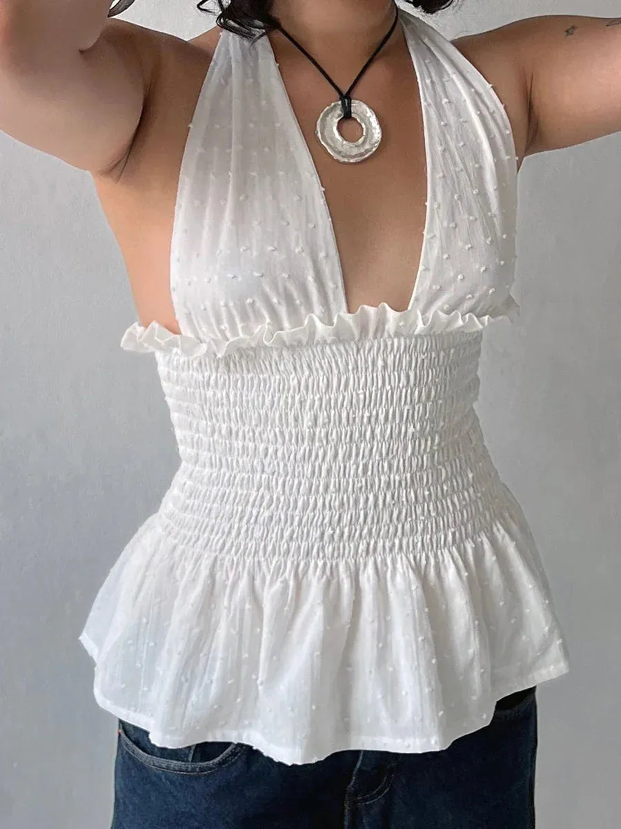 Floral Print/Swiss Dot Tie-Up Halter Backless Tops