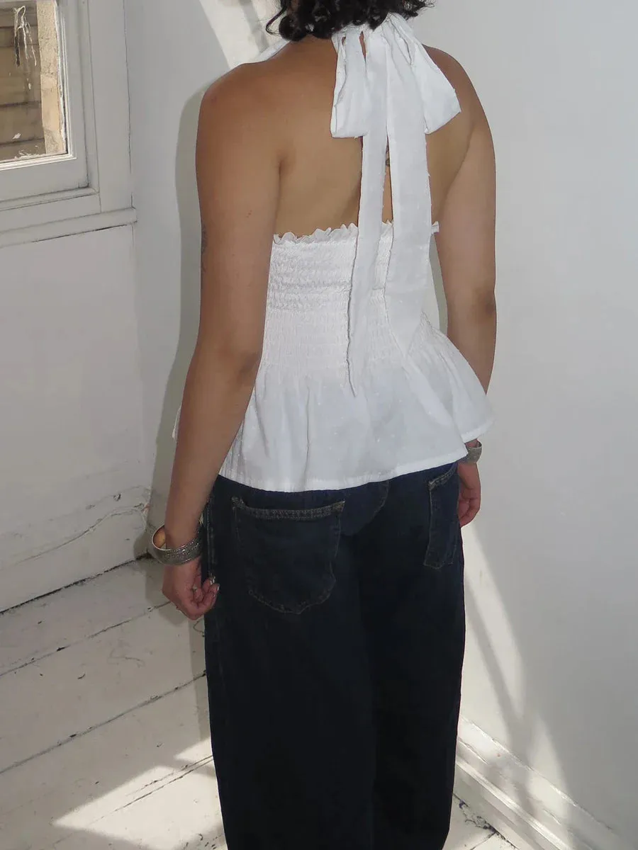 Floral Print/Swiss Dot Tie-Up Halter Backless Tops