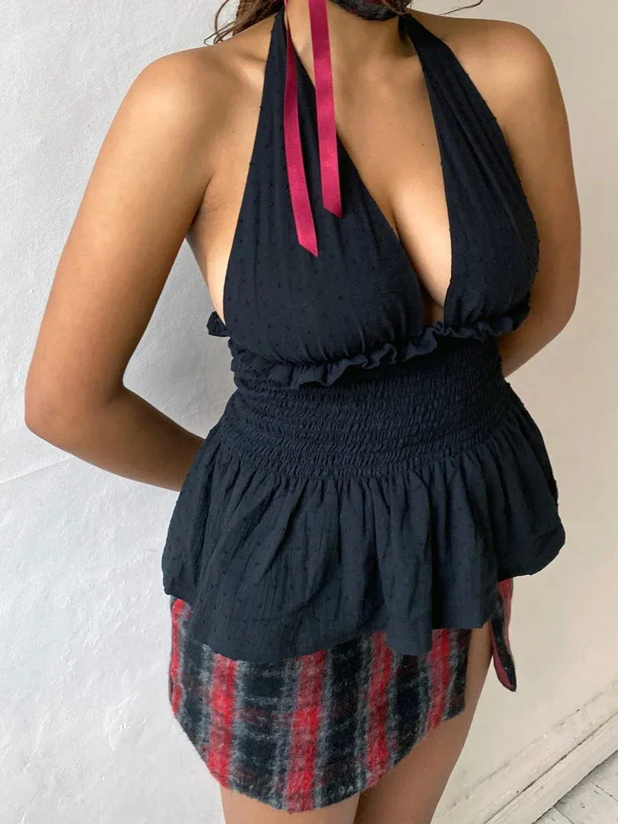 Floral Print/Swiss Dot Tie-Up Halter Backless Tops