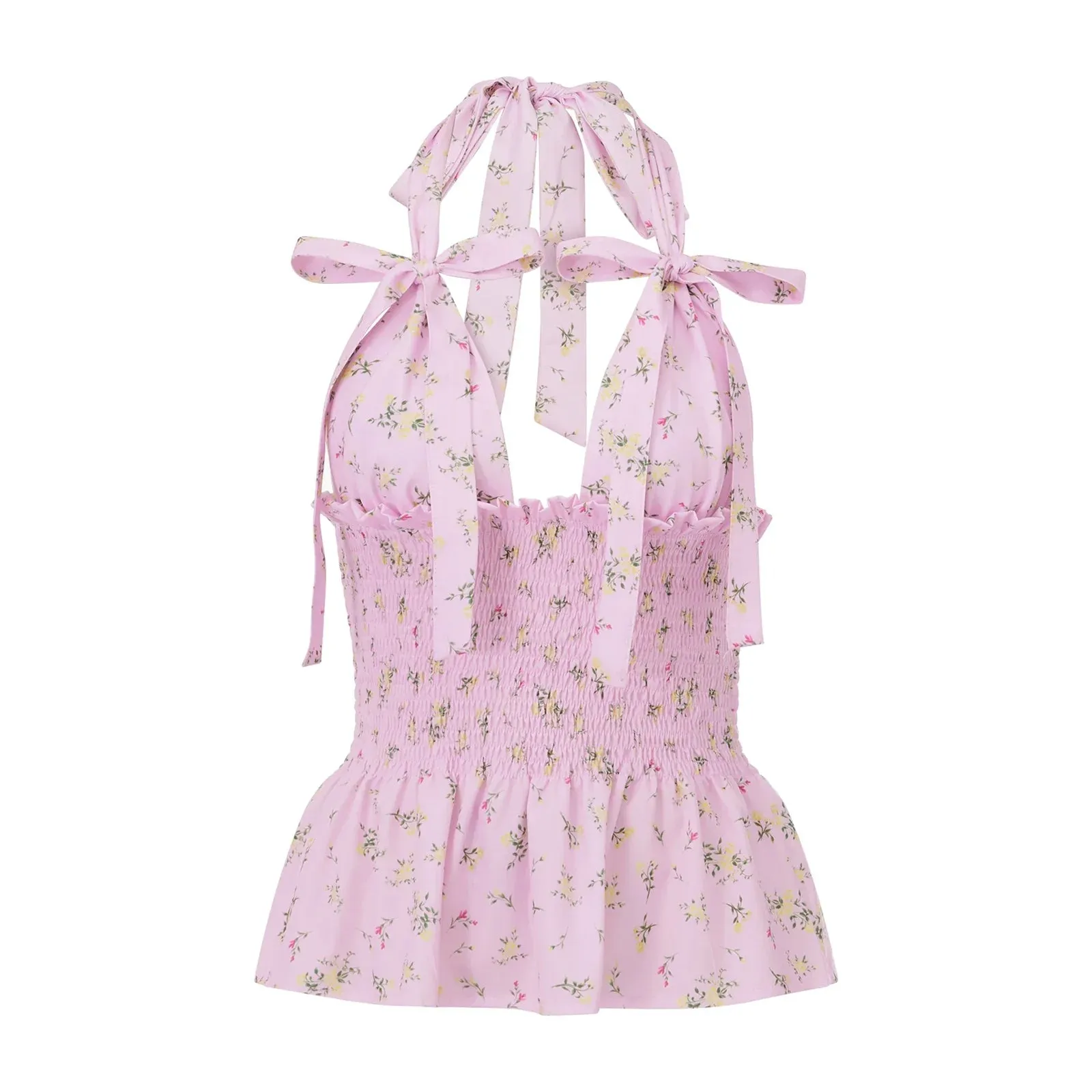 Floral Print/Swiss Dot Tie-Up Halter Backless Tops