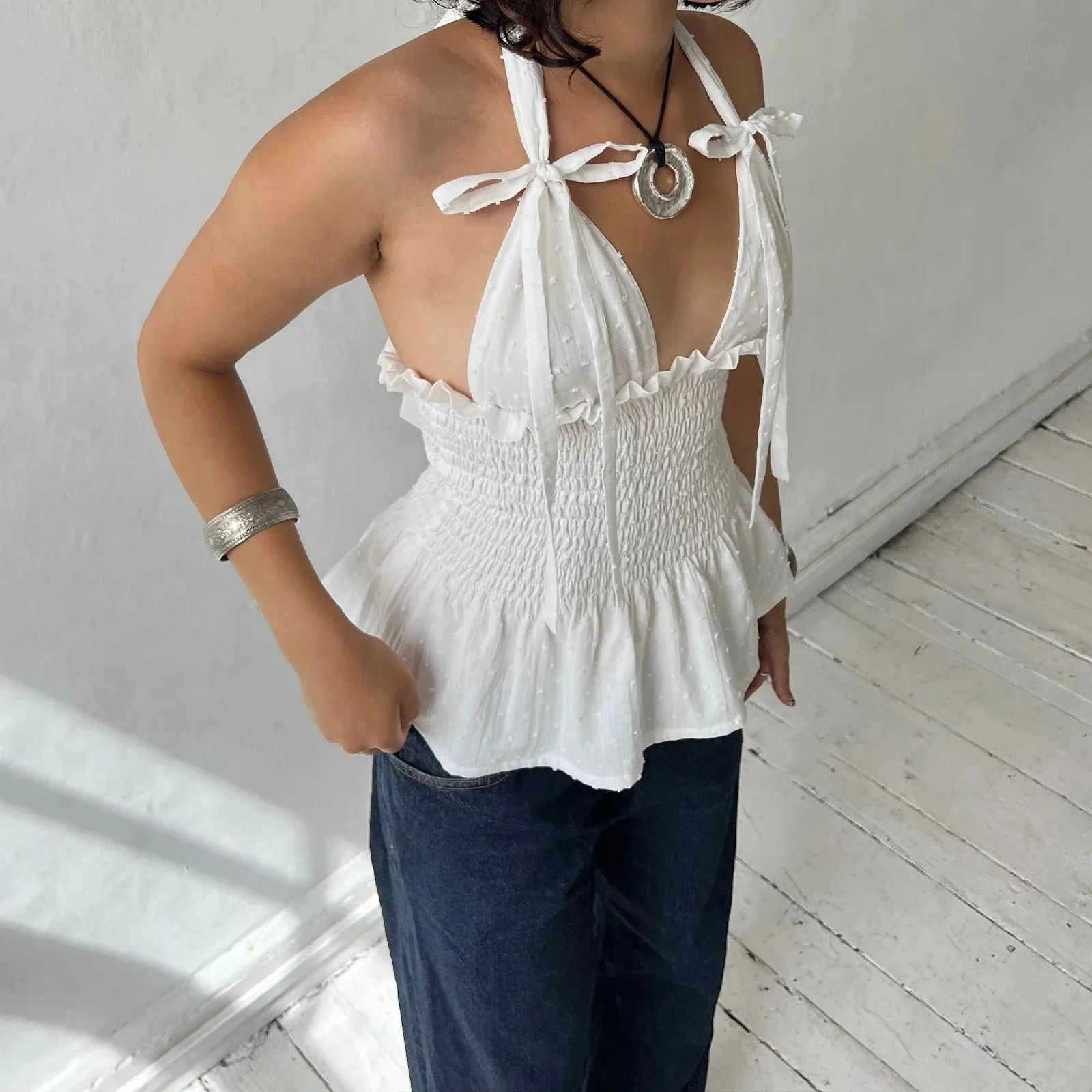 Floral Print/Swiss Dot Tie-Up Halter Backless Tops