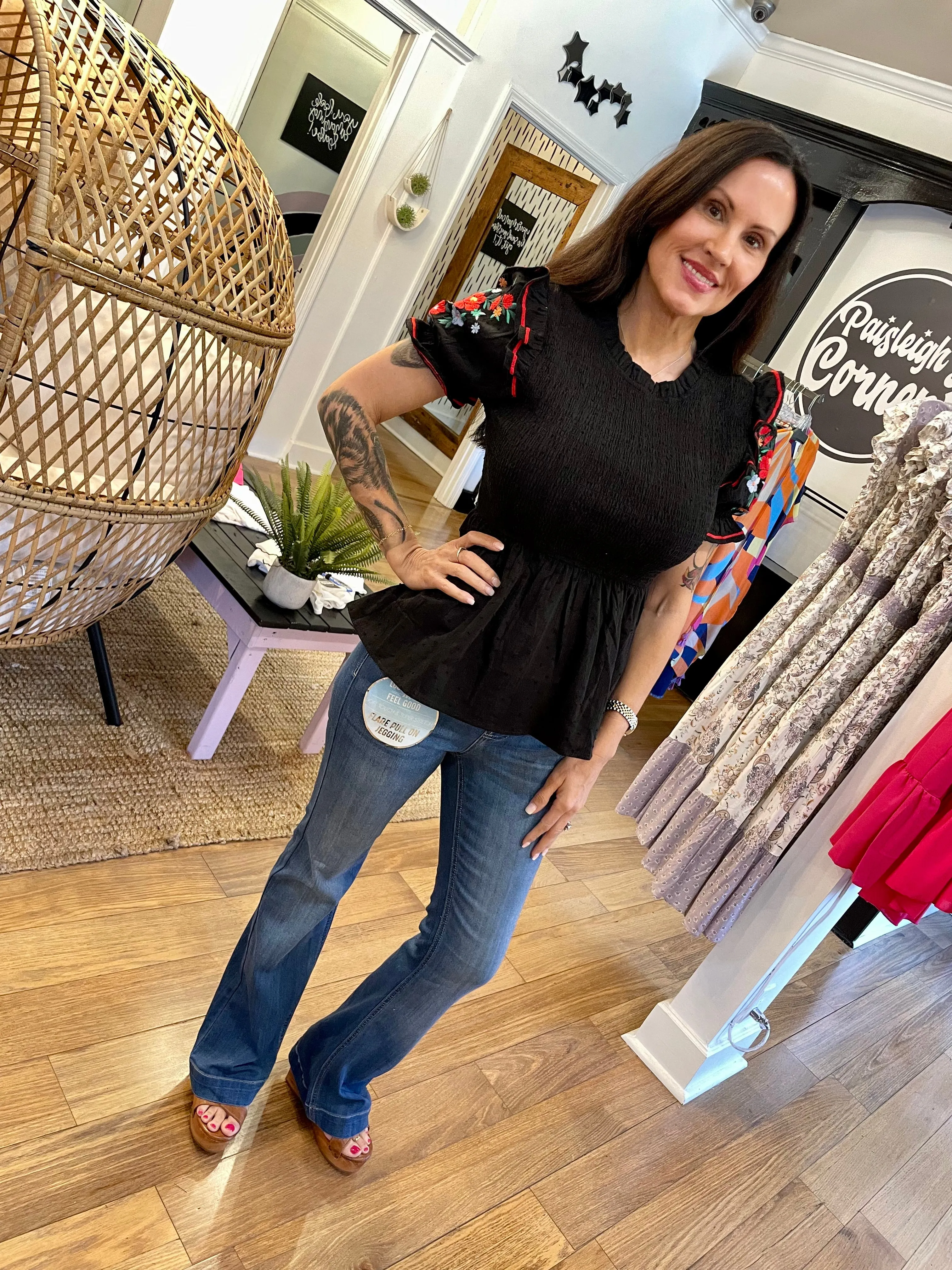 Floral Sleeve Black Top