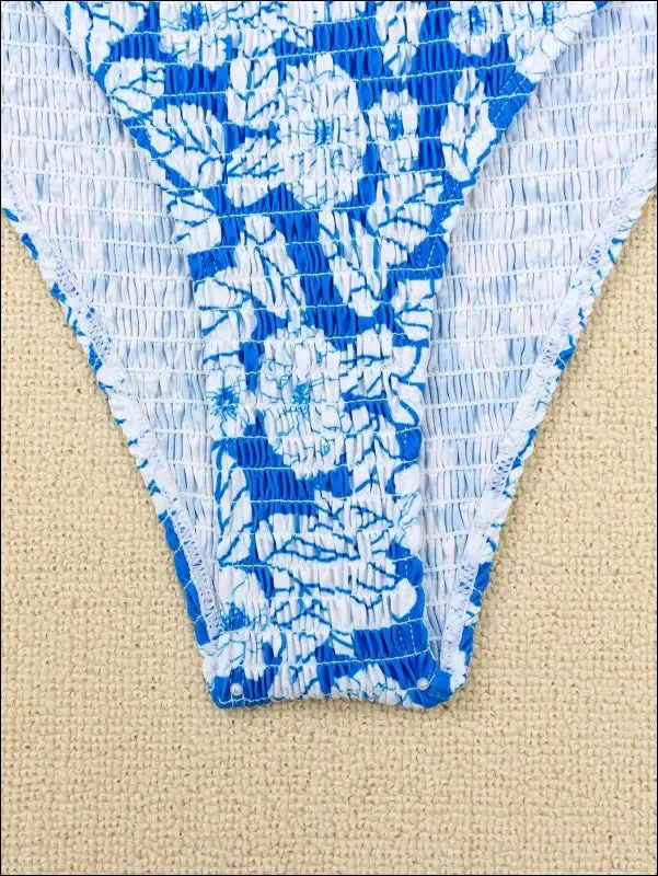 Floral smocked triangle tie side bikini swimsuit