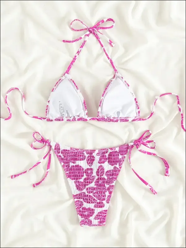 Floral smocked triangle tie side bikini swimsuit