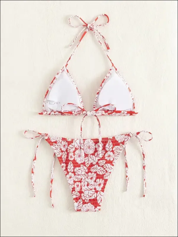 Floral smocked triangle tie side bikini swimsuit