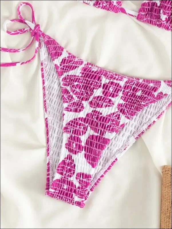 Floral smocked triangle tie side bikini swimsuit