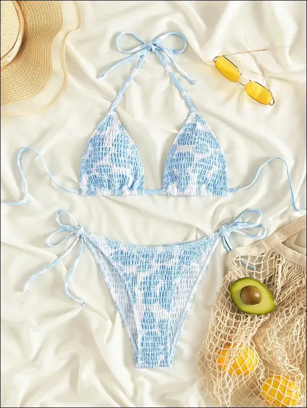 Floral smocked triangle tie side bikini swimsuit