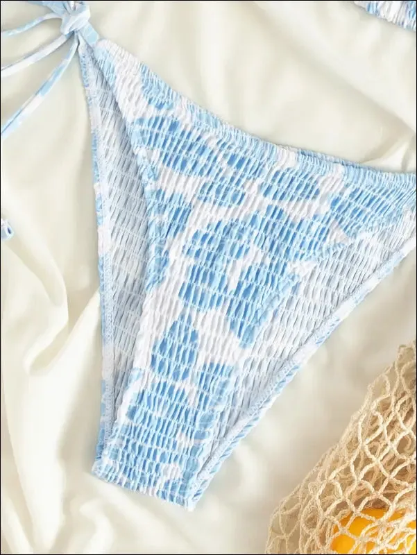 Floral smocked triangle tie side bikini swimsuit