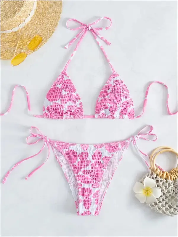 Floral smocked triangle tie side bikini swimsuit