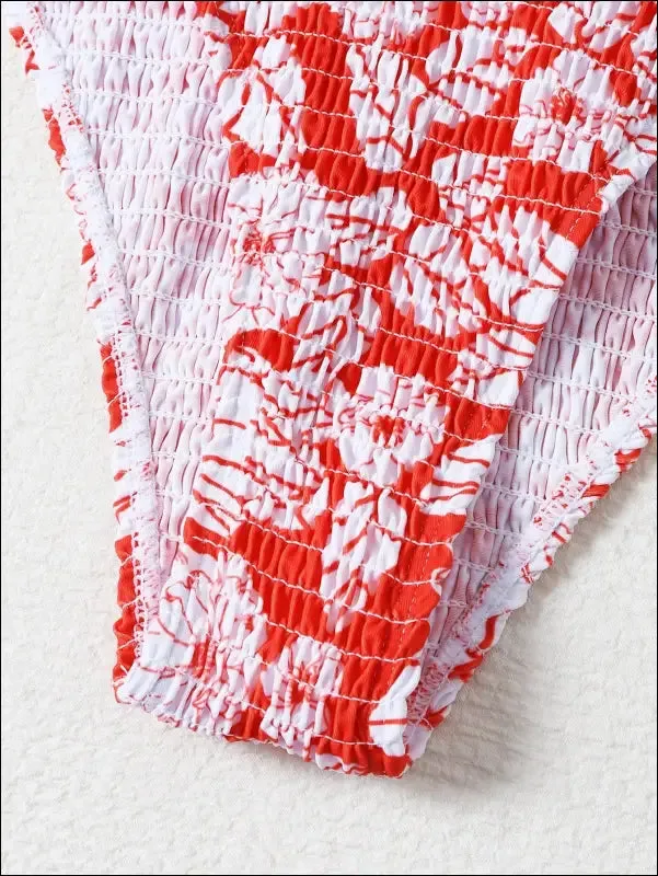 Floral smocked triangle tie side bikini swimsuit