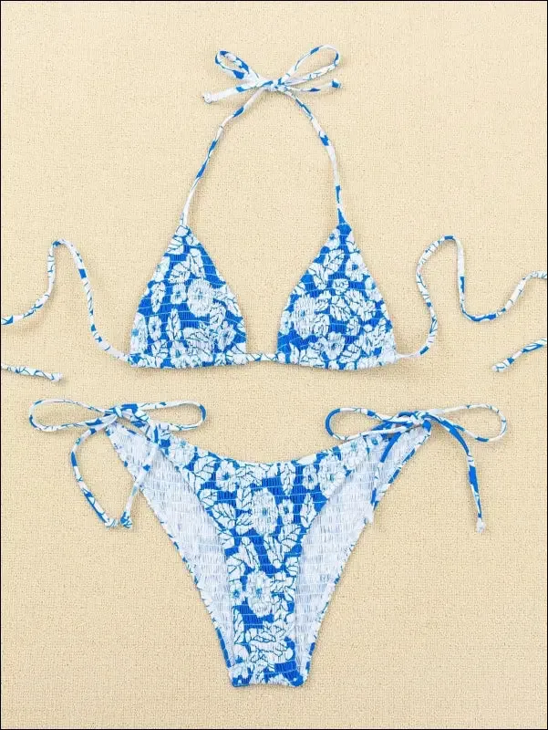 Floral smocked triangle tie side bikini swimsuit