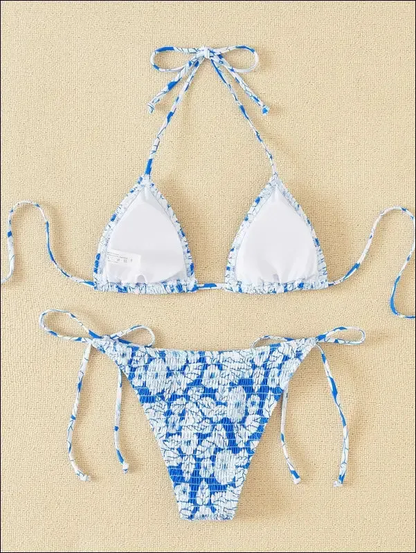Floral smocked triangle tie side bikini swimsuit