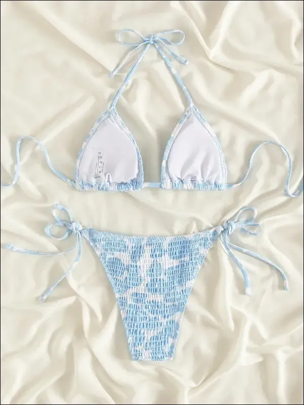 Floral smocked triangle tie side bikini swimsuit