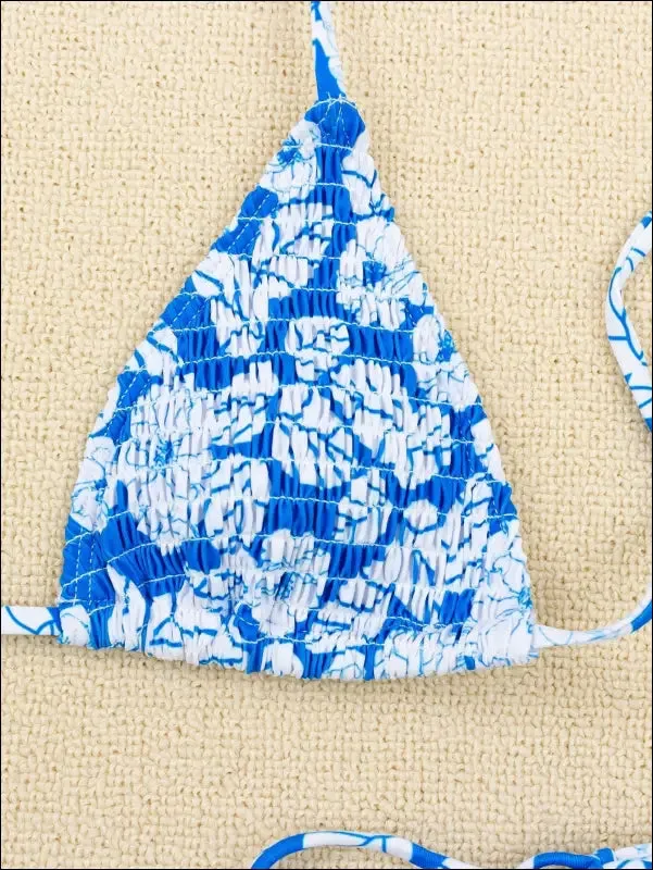 Floral smocked triangle tie side bikini swimsuit