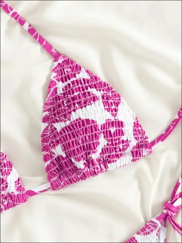 Floral smocked triangle tie side bikini swimsuit