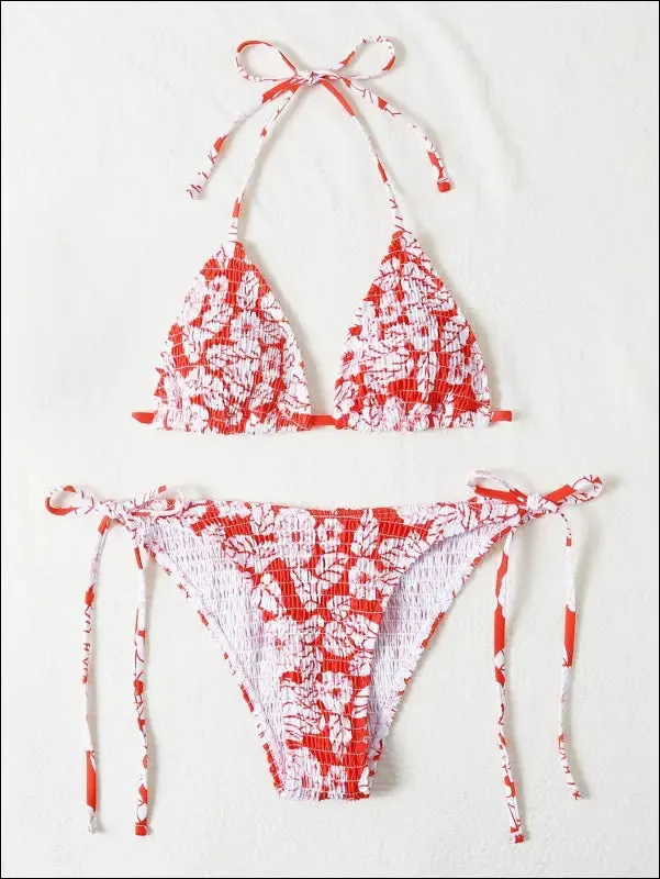 Floral smocked triangle tie side bikini swimsuit