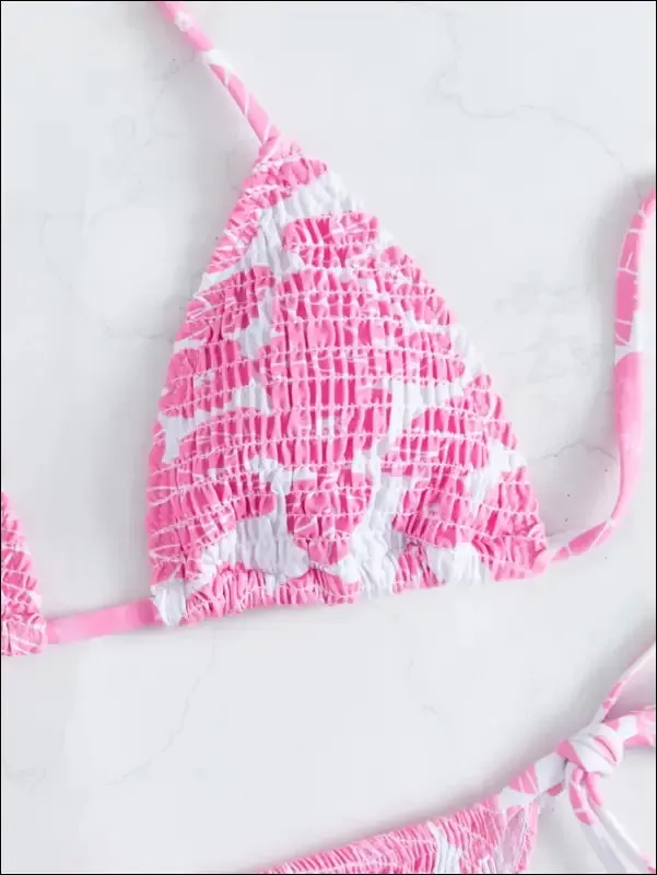 Floral smocked triangle tie side bikini swimsuit