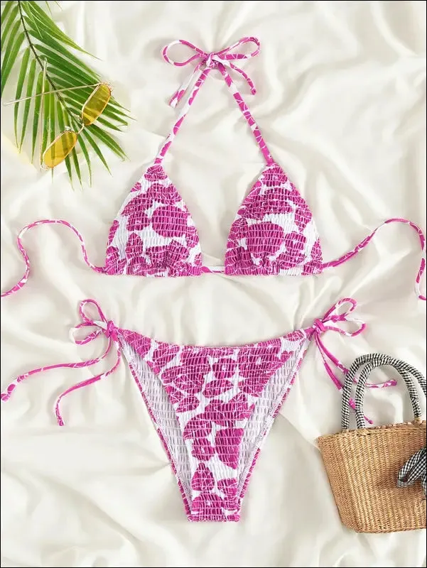 Floral smocked triangle tie side bikini swimsuit