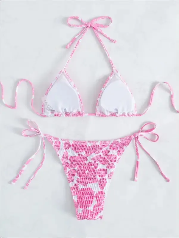 Floral smocked triangle tie side bikini swimsuit