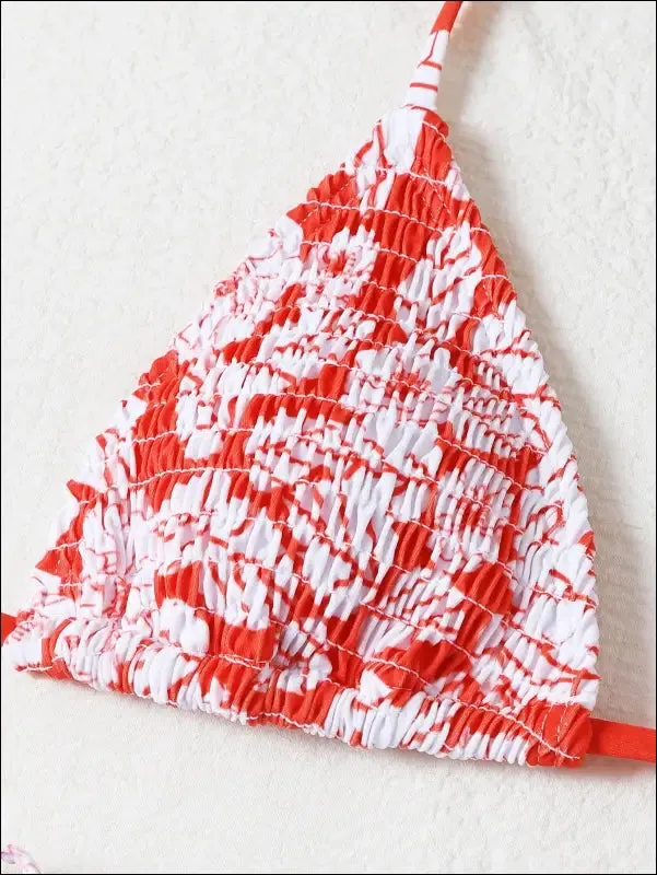 Floral smocked triangle tie side bikini swimsuit