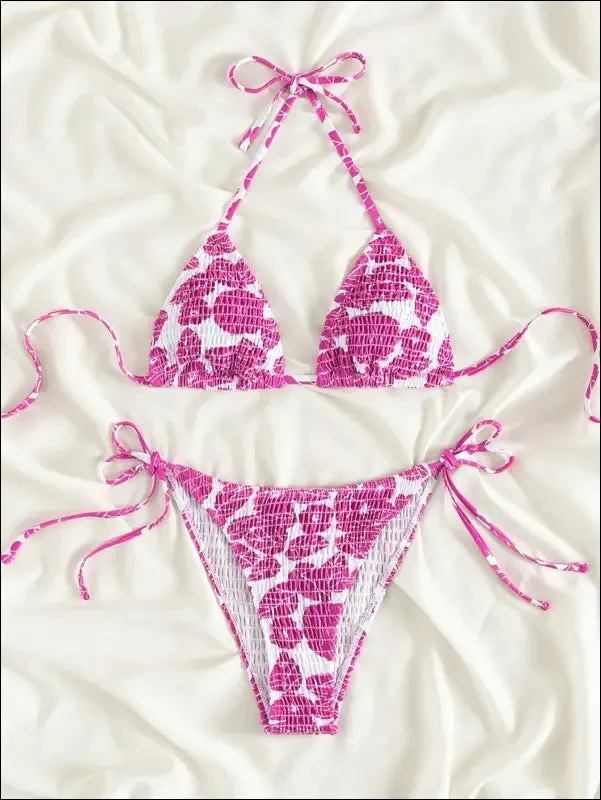 Floral smocked triangle tie side bikini swimsuit