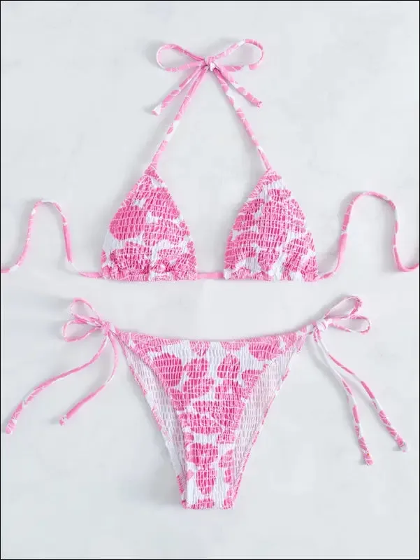 Floral smocked triangle tie side bikini swimsuit