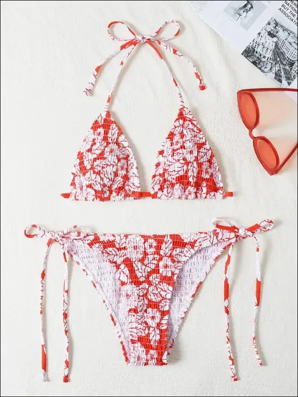 Floral smocked triangle tie side bikini swimsuit
