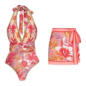 Flowers Printed Halter One-Piece Swimsuit Set - As shown / S