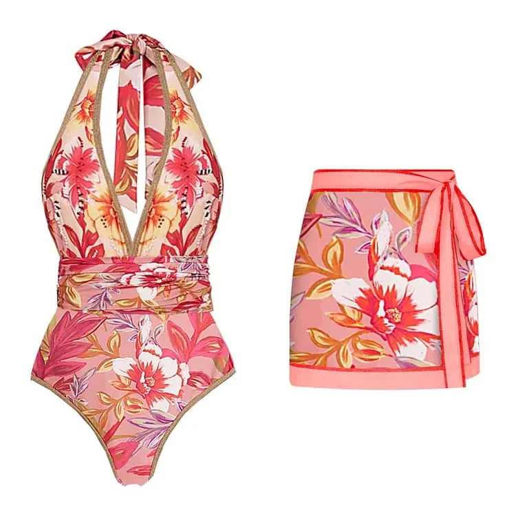 Flowers Printed Halter One-Piece Swimsuit Set - As shown / S