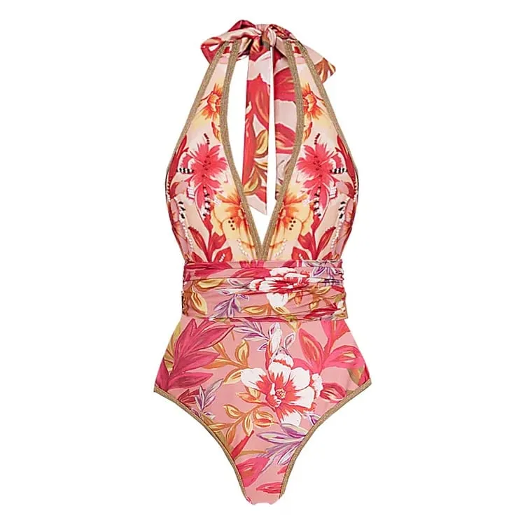 Flowers Printed Halter One-Piece Swimsuit Set - As shown / S