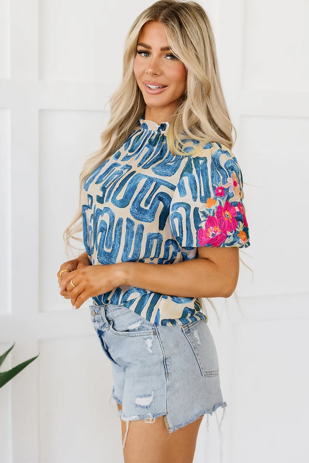 Frilled Neck Printed Top