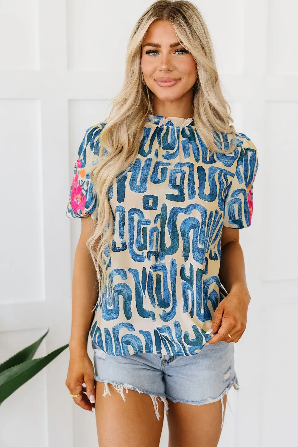 Frilled Neck Printed Top