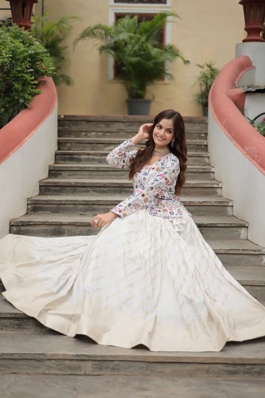 FRILLFIT Trendy Embroidered Work White Color Top With Lehenga