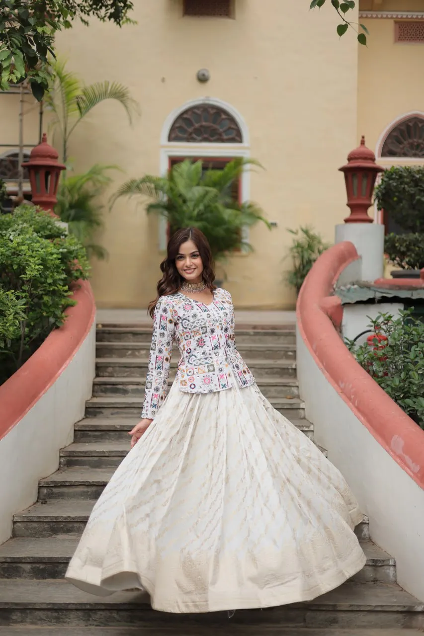 FRILLFIT Trendy Embroidered Work White Color Top With Lehenga