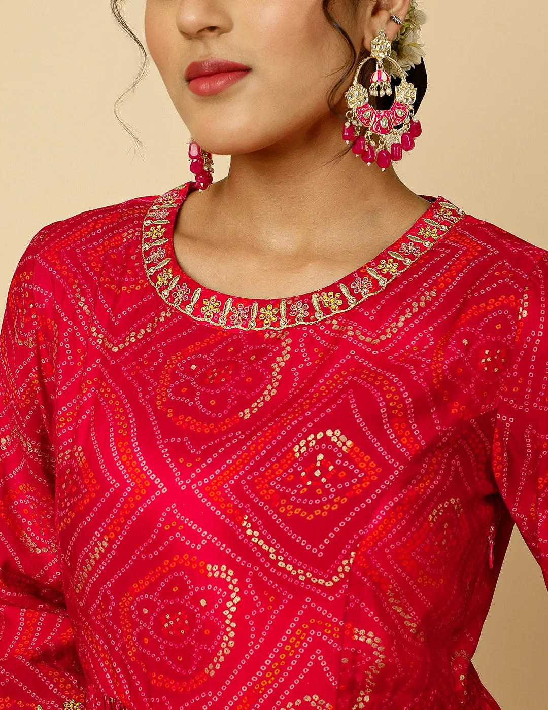 Fuchsia Embroidered Bandhani Gathered Kurta With Leheriya Skirt And Dupatta