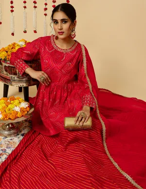 Fuchsia Embroidered Bandhani Gathered Kurta With Leheriya Skirt And Dupatta