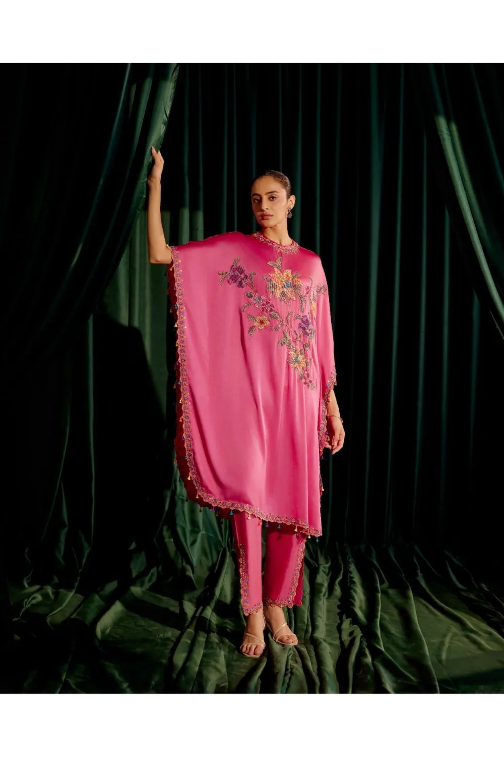 Fuchsia Floral Beadwork Kaftan With Embroidered Slit Detail Pants
