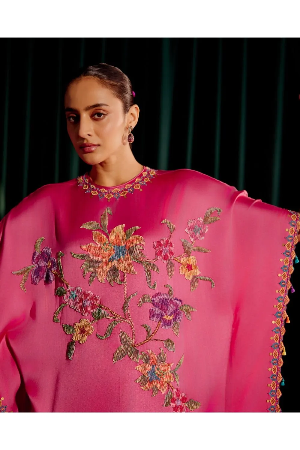 Fuchsia Floral Beadwork Kaftan With Embroidered Slit Detail Pants