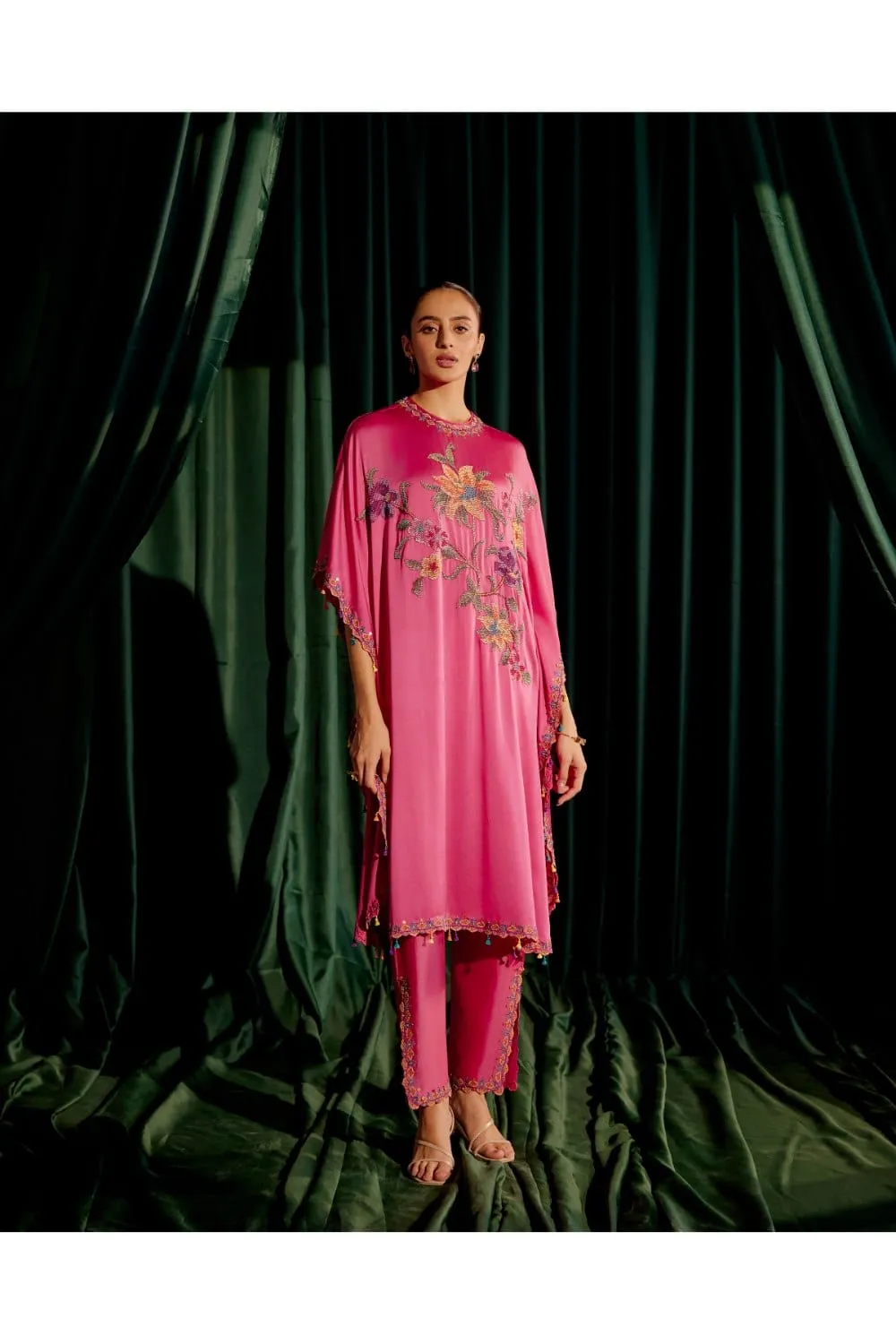 Fuchsia Floral Beadwork Kaftan With Embroidered Slit Detail Pants