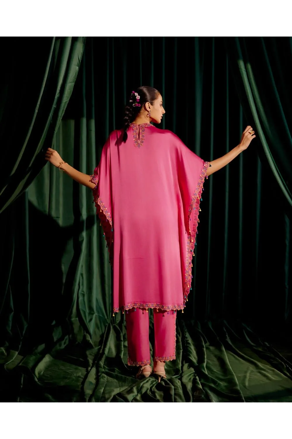 Fuchsia Floral Beadwork Kaftan With Embroidered Slit Detail Pants